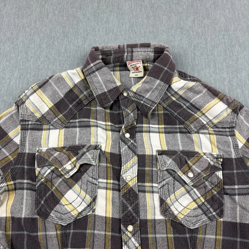 True Religion Shirt‎ Men 2XL XXL Brown Plaid Snap Button Up Flannel Long Sleeve
